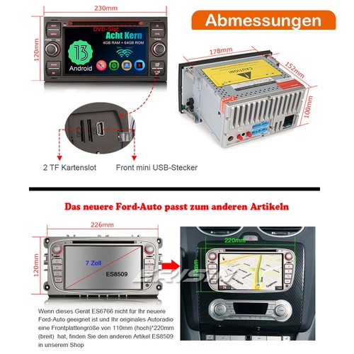 64GB Navi Android 14 DAB+ Autoradio CarPlay Ford Focus Kuga C-Max Transit Fiesta - Bild 21 von 24