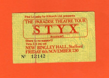 Styx 1981 Concert Ticket Stub, New Bingley, UK, England, Paradise Theatre Tour