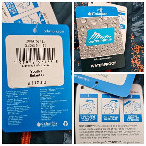 Columbia Lighting Lift II Boys Waterproof Insulated Jacket Size L (14-16) NEW - Picture 17 of 17