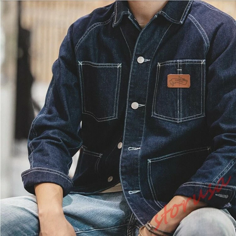 Mens Vintage American Loose Fit Denim Jacket Casual Outdoor Overalls Work Jacket