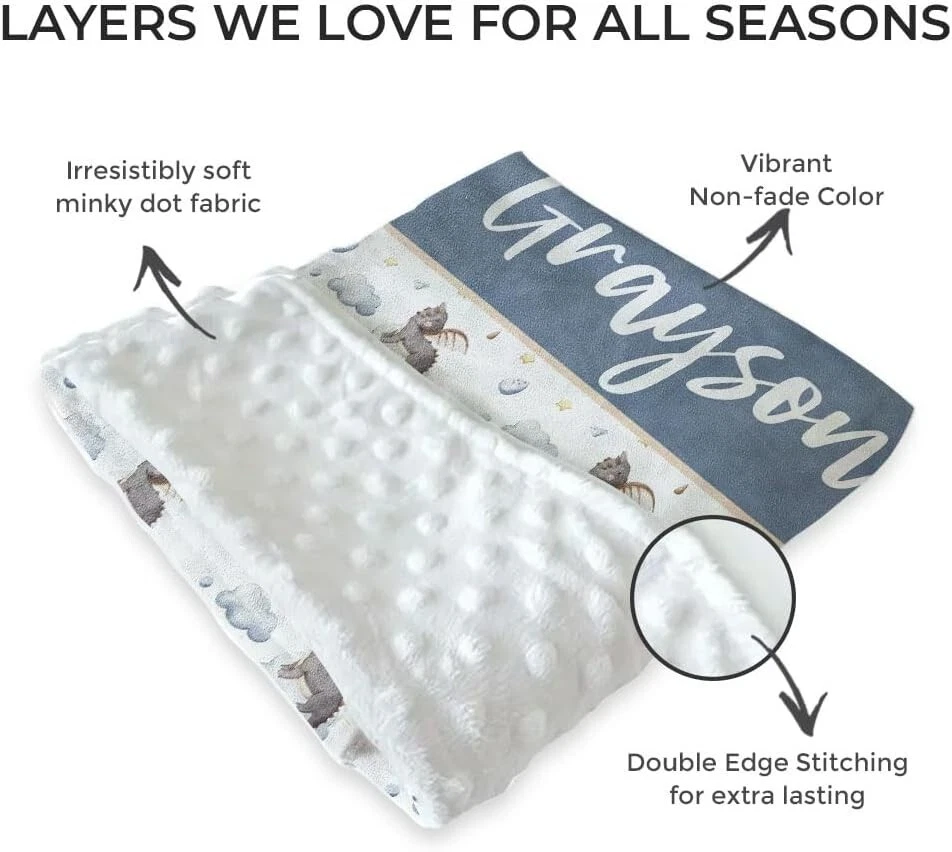 Mantas de bebé dragón personalizadas con respaldo punteado de doble capa para niños Foto 2 de 3