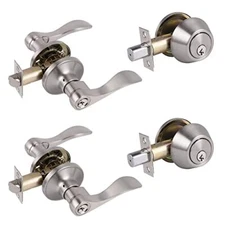 2 Sets Front Exterior Door Lever Set with Single Cylinder Deadbolts Satin Nic...