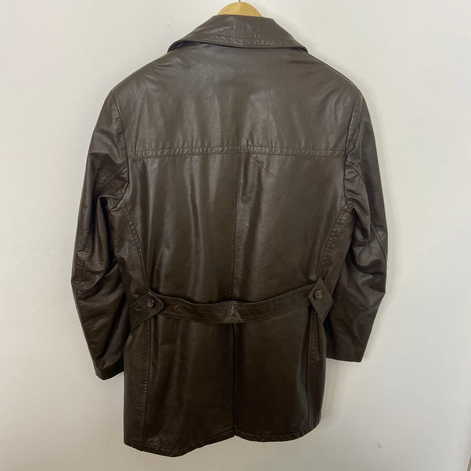 Abrigo De Colección Sears Hombres 44 Cuero Marrón Oscuro Forrado Cinturón Hipster Disco Años 70 Foto 2 de 4