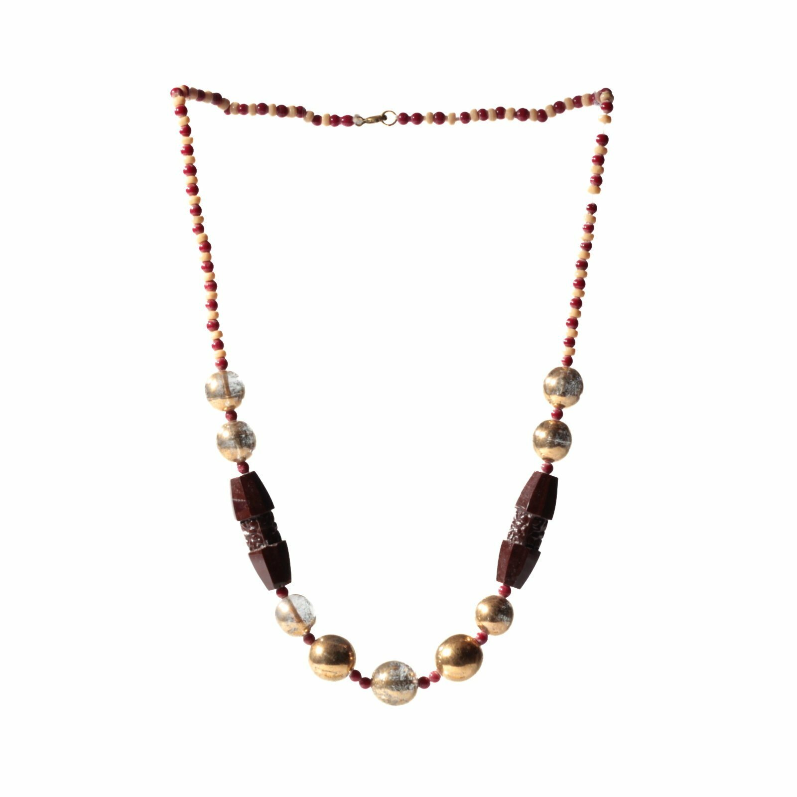 Vintage Art Deco necklace Czech geometric floral brown gold plated glass beads