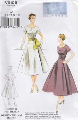 Vogue Schnittmuster 9105 Kleid & Schärpe Vintage 50er asymmetrisch Gr. 6 - 14 NEU