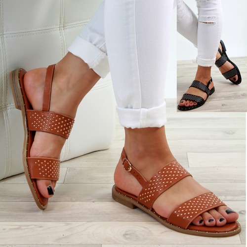 Nueva camiseta para mujer sandalias planas Tachas hebilla y correa en el  Tobillo Cómodos Zapatos De Verano Tallas 3-8 | eBay