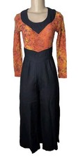 Vtg 60-70s Psychedelic Wide Leg Jumpsuit Womens Small ORANGE YELLOW BLACK