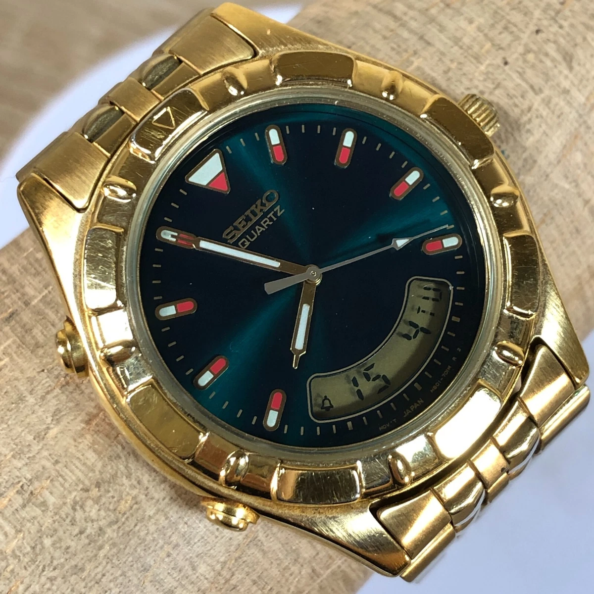 Seiko Mens Alarm H801 7038 Gold Tone Green Dial Digital Analog