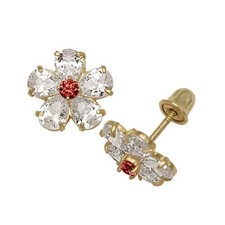 14k Yellow or White Gold CZ Flower Birthstone Stud Screw Back Earrings