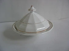 Vtg Old Paris white porcelain w gold trim 12 sided serving bowl w lid 7 1/2"