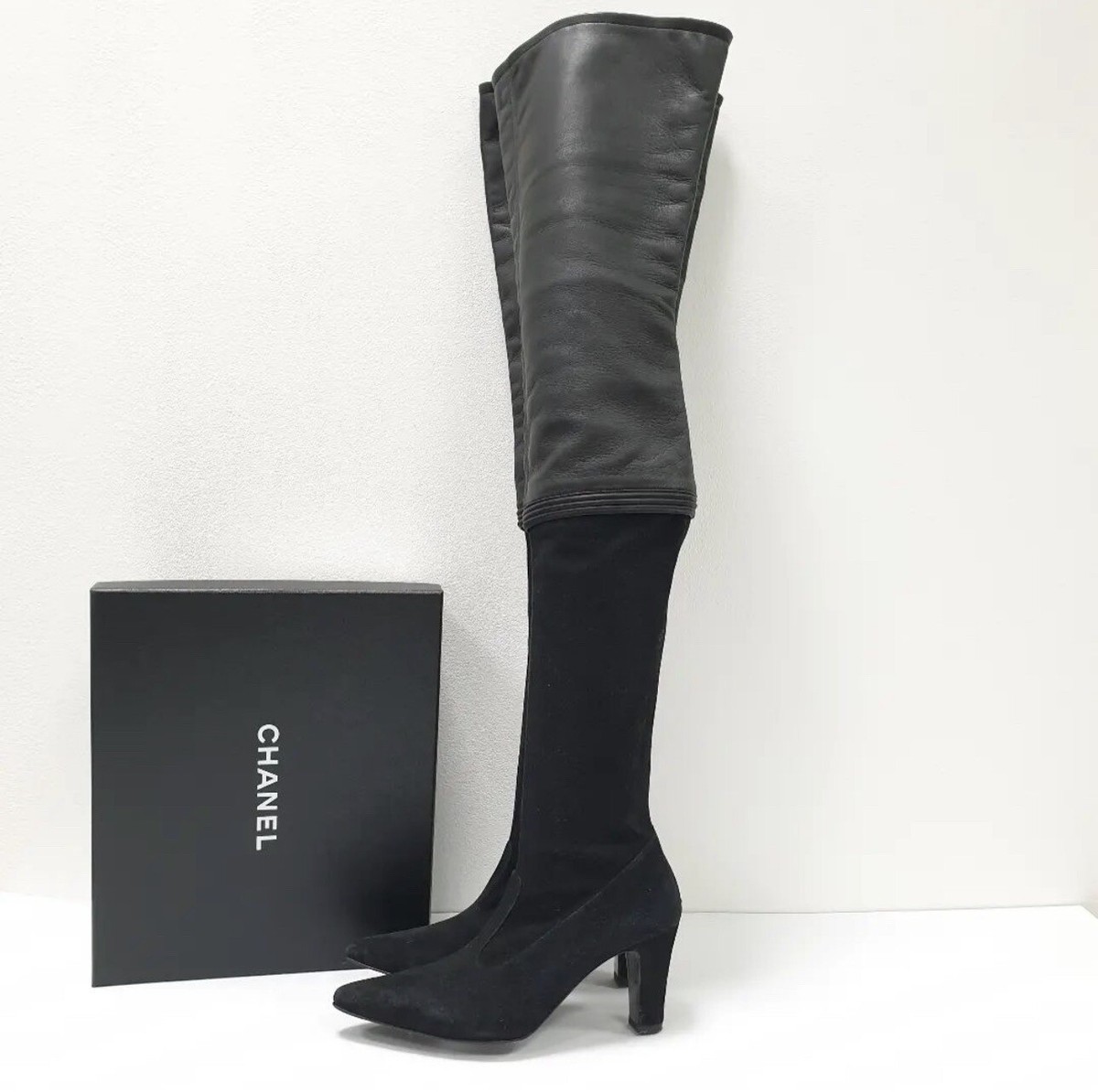 Chanel Black Suede Leather Over Knee Boots Sz. 39 | eBay
