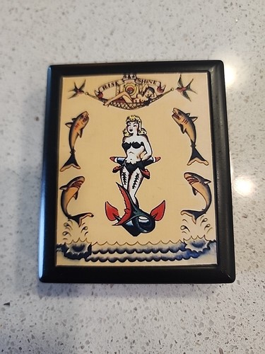 Retro Subspace Tattoo Cigarette Case Rise & Shine Mermaid Fish Wallet Metal Tin - Picture 6 of 7