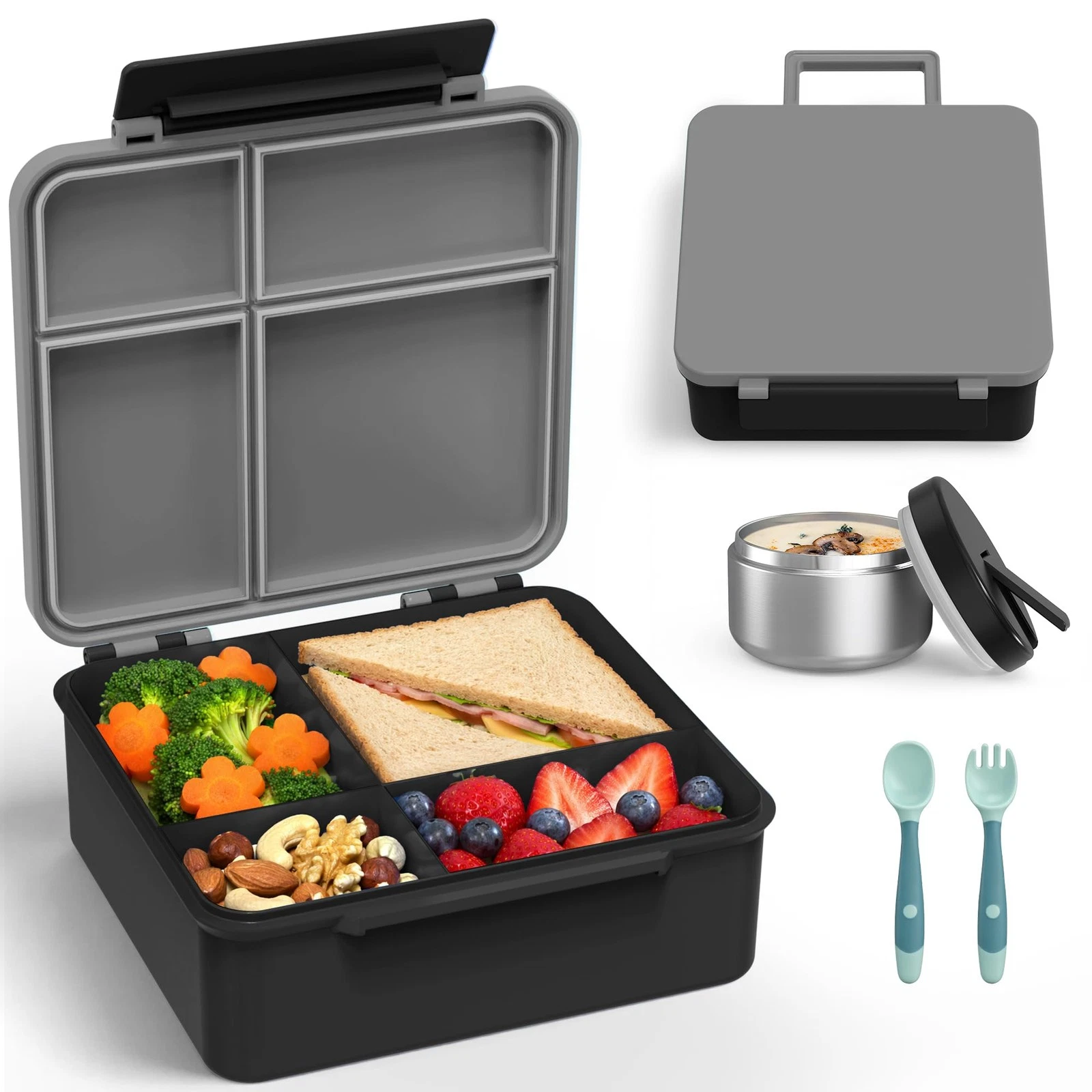 Bento Lunch with 8oz Soup Thermo, Leak-Proof Lunch Containers with 4 Compartm...
