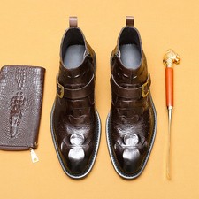 Mens Boots Genuine Leather Business Dress British Pointed Zipper High Top Shoes