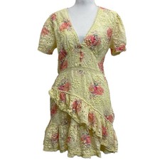 LoveShackFancy Bea Yellow Floral Ruffle Embroidered Eyelet Mini Dress sz 10 READ