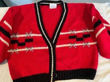 Vintage 80s Midnight Blues Hand Knit Wool Sweater Cardigan Red Black Pattern Kor