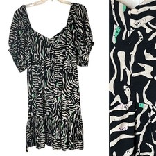 Nine West Babydoll Dress Zebra Print Puffed Sleeve Black Cream  Size XXL