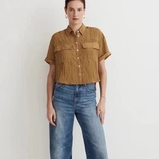 Madewell Shirt Womens Large Olive Utility Button Up Crinkle Crop Blouse Boxy