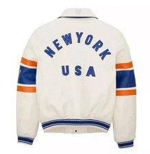 Avirex Men's White Real Lambskin Leather 75 Star Bomber Jacket American USA Flag