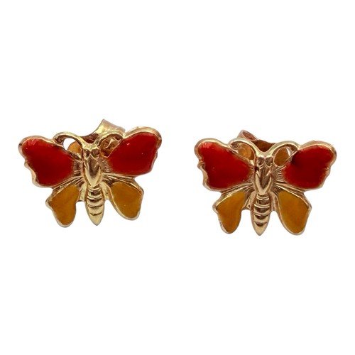 Vintage 14K Gold Orange Butterfly Earring Studs Enamel Painted