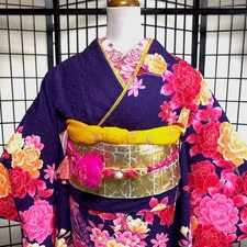 Furisode Kimono Set Silk 7-Piece Complete Floral 62.6in Romantic Rose Design
