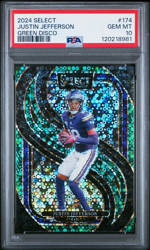 Justin Jefferson 2024 Select Green Disco Prizm SSP Minnesota Vikings 4/5 PSA 10