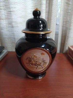 The Art of Chokin 24K Gold Edged Urn Vase Lidded Samurai Warrior 8.5'' Tall