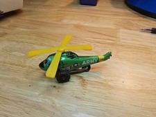 Vintage 1950s NT Tin Toy Helicopter ARMY Green Nakamura Rolling Spinning JAPAN