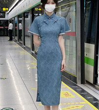 New Women's Cheongsam Floral Embroidered Short Sleeve Qipao Costume Long Dresses