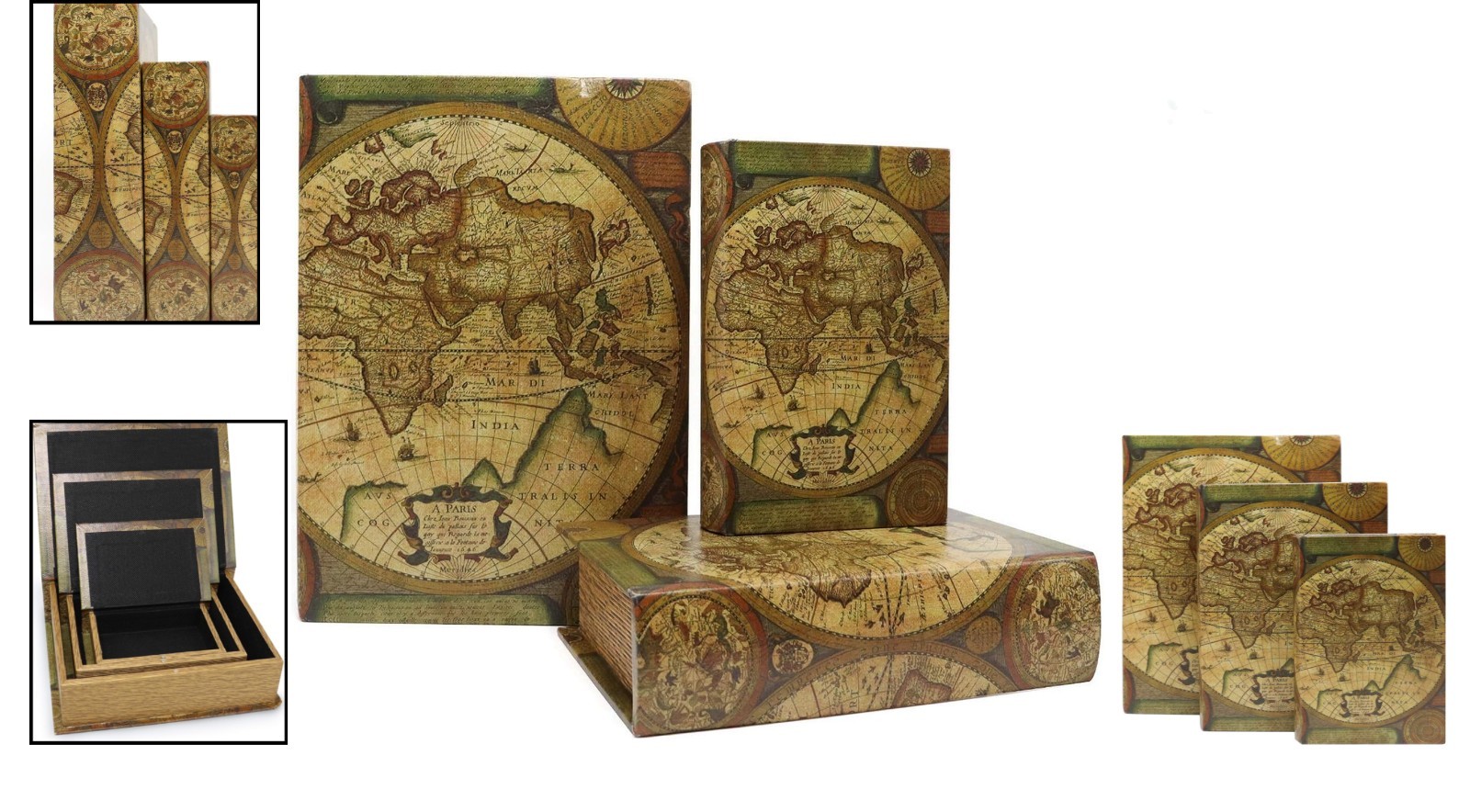 Antique World Map Decorative Book Boxes - Set of 3 with Secret Stash Compartment