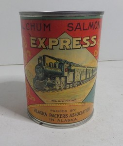 Chum Salmon Express tin can bank vintage