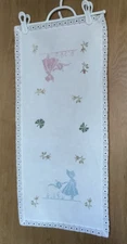 Vtg Table or Dresser Top Cross Stitch Runner Little Girls Watering Flowers 26"