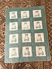 48 x 37 Handmade Teddy Bears Green  White Quilted Crib Quilt Nursery Coverlet