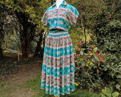 Vintage Sommerkleid 50er Jahre smaragdgrün und rot mit passender Jacke Zweiteiler