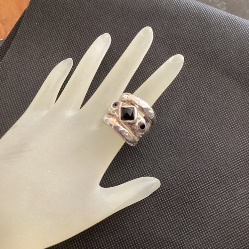 Sterling Silver Hammered Handmade Designer Black Onyx Brutalist Ring 8.25 Signed - Picture 3 of 13