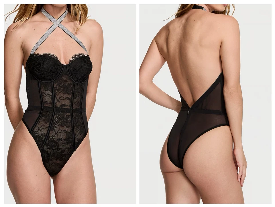 Victoria’s Secret MUY SEXY Brillo Correa Halter Encaje Peluche Negro Talla Pequeña Foto 2 de 2