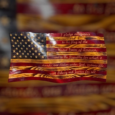 HAND CARVED RUSTIC PLEDGE OF ALLEGIANCE FLAG