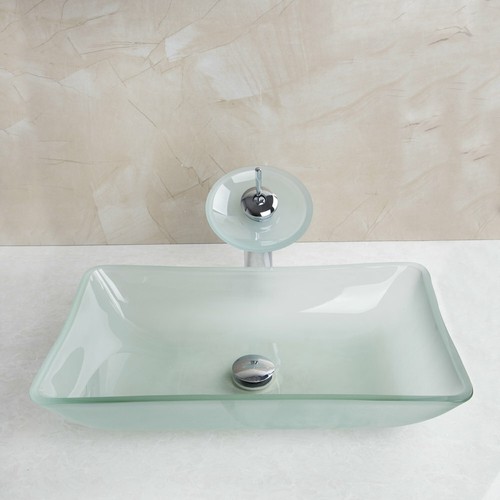 Bathroom Scrub Rectangle Tempered Glass Vessel Sink Bowl Waterfall Faucet Set - Picture 8 of 10