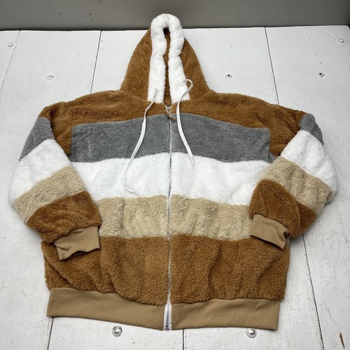 Braun grau & weiß Colorblock Full-Zip Kapuze Sherpa Jacke Damen Gr. 5XL NEU