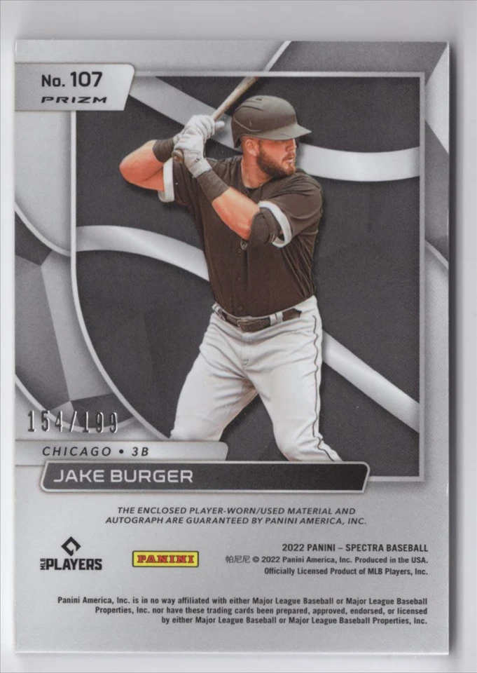 2022 PANINI SPECTRA ROOKIE AUTO JERSEY /199 Jake Burger Chicago White Sox #169 - Image 2 of 2