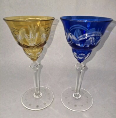 Josephine Hut Crystal Wine Glasses Overlay Glass Pair Blue And Amber | eBay