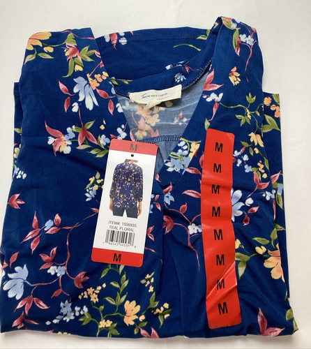 Two by Vince Camuto Women's Floral V-Neck Blouse 3/4 Sleeve Teal Floral, Size: M - Picture 2 of 7