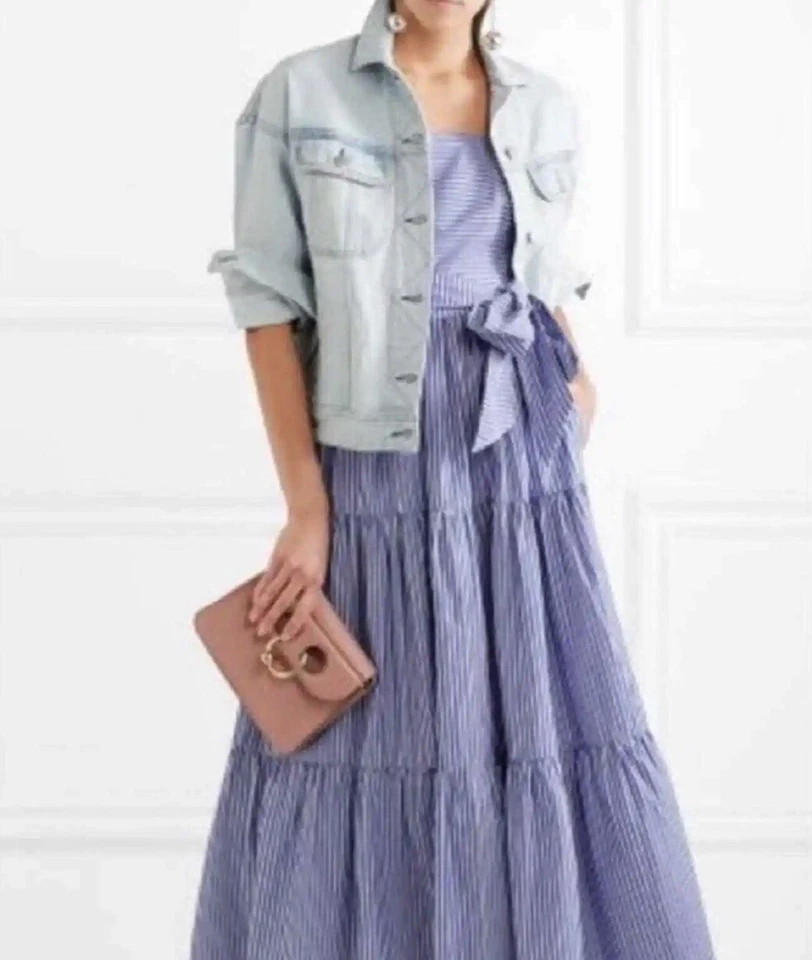 Maxi Vestido J Crew Garratt Azul Blanco Rayas Popelina En Niveles Algodón Volantes Talla 00 Foto 2 de 4