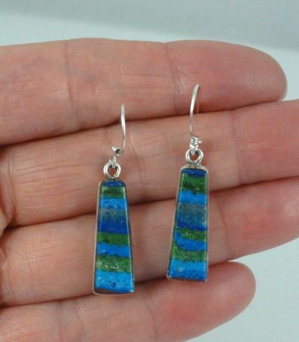 Estate Sterling Silver Striped Green Blue Multi Color Calsilica Dangle Earrings