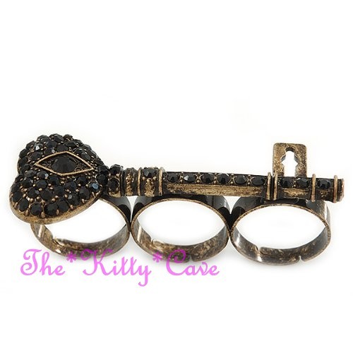 Anillo de nudillos con llave negra de 3 dedos dorado inusual estilo vintage con cristales de Swarovski - Imagen 5 de 10