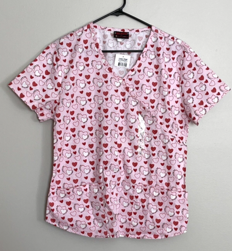 MELROSE Pink Hearts Short Sleeve Scrub Top Medical Uniform Pockets, Women L, New - Afbeelding 1 van 10