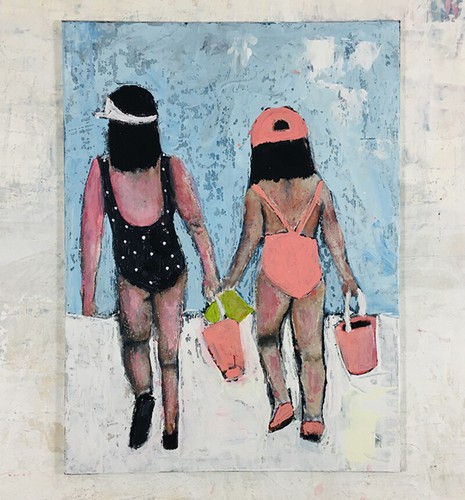 Summer Beach Painting Family Children Sisters Girls 9x12 Original Sea Wall Art - Picture 2 of 15