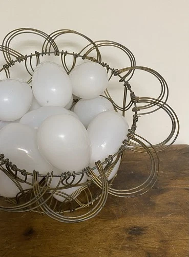 Vintage Wire Egg Basket Collapsing Lid  W/ Group Of Hand Blown Milk Glass Eggs