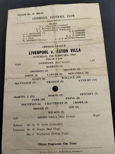 LIVERPOOL V ASTON VILLA RESERVES CENTRAL LEAGUE 15TH FEBRUARY 1964 SINGLE SHEET