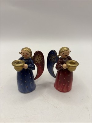 2 Erzgebirge Angel 2.5'' Hand Paint Wood Candle Holders-Wendt & Kuhn Germany READ